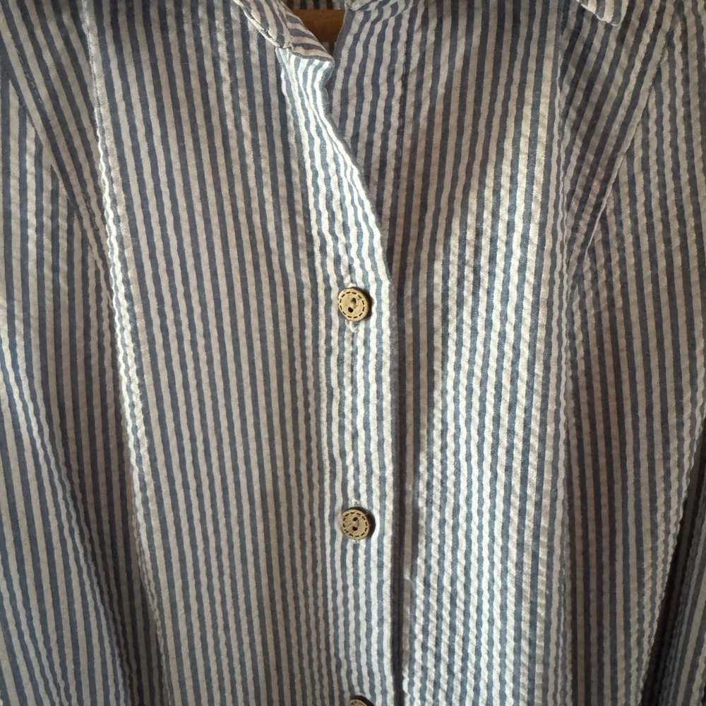 Anne Klein Blue Striped Seersucker Sleeveless Midi Shirt Dress - Picture 6 of 10